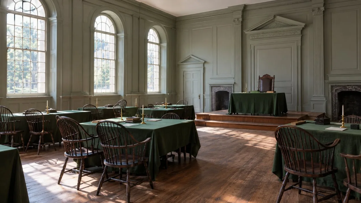 A Georgian assembly room with green-covered tables and Windsor chairs