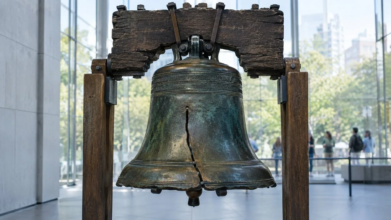 The Liberty Bell on its wooden yoke inside a glass-walled hall