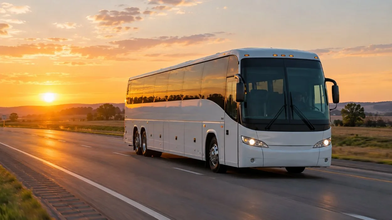 A coach on a highway at sunrise