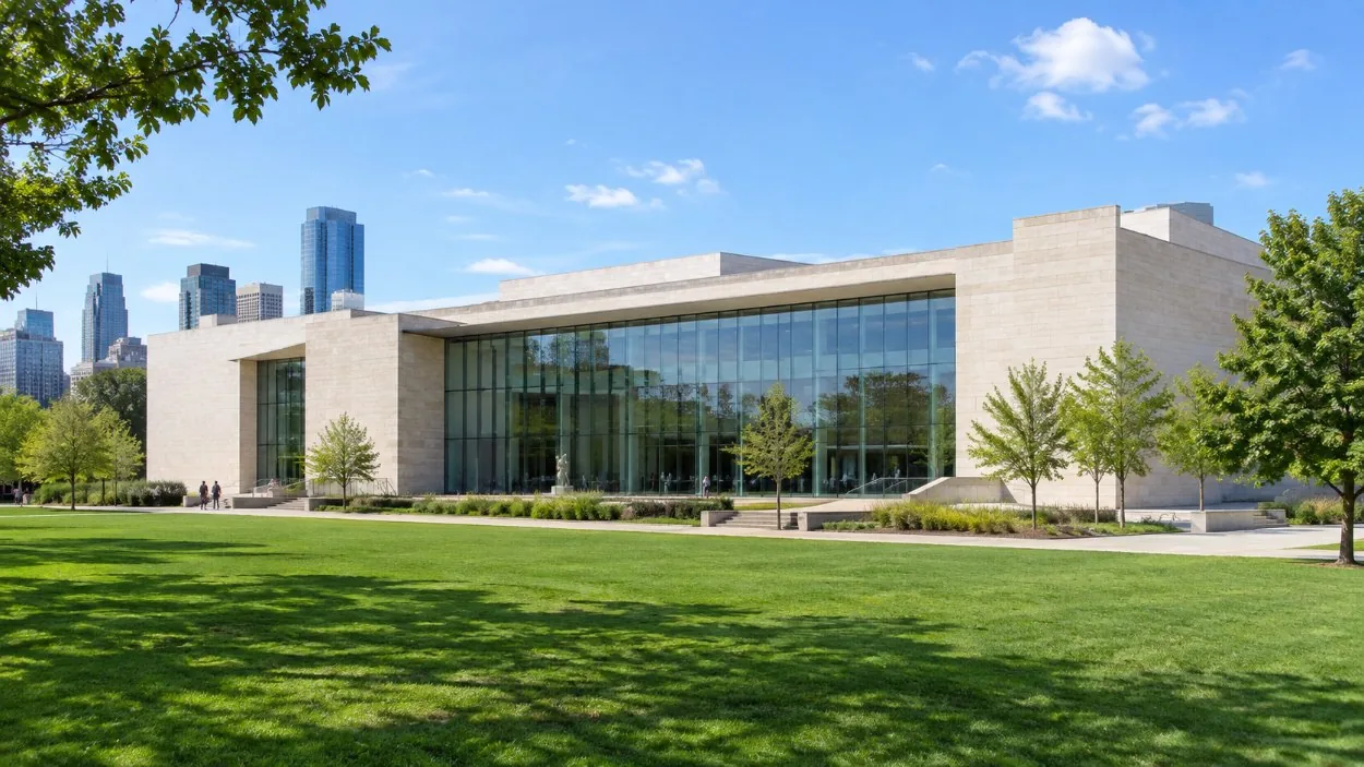 A modern pale-stone museum building facing a long green lawn