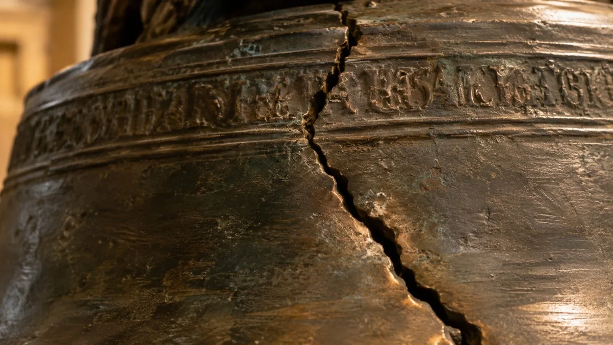 Close-up of the crack in the Liberty Bell running up through its raised lettering
