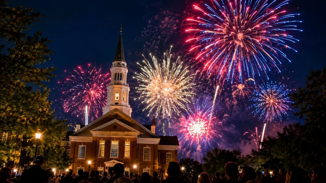 Fireworks over a red-brick colonial hall on a summer night
