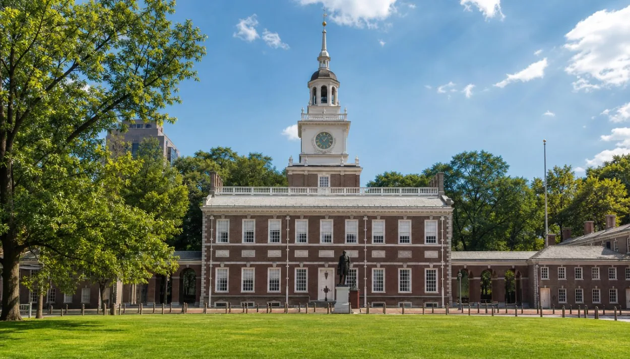 The red-brick facade and white bell tower of Independence Hall on a sunny day