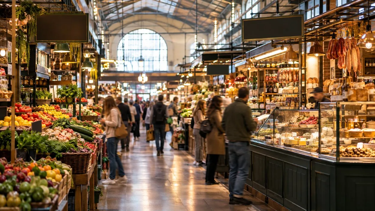 A busy indoor food market hall with counters and hanging signs