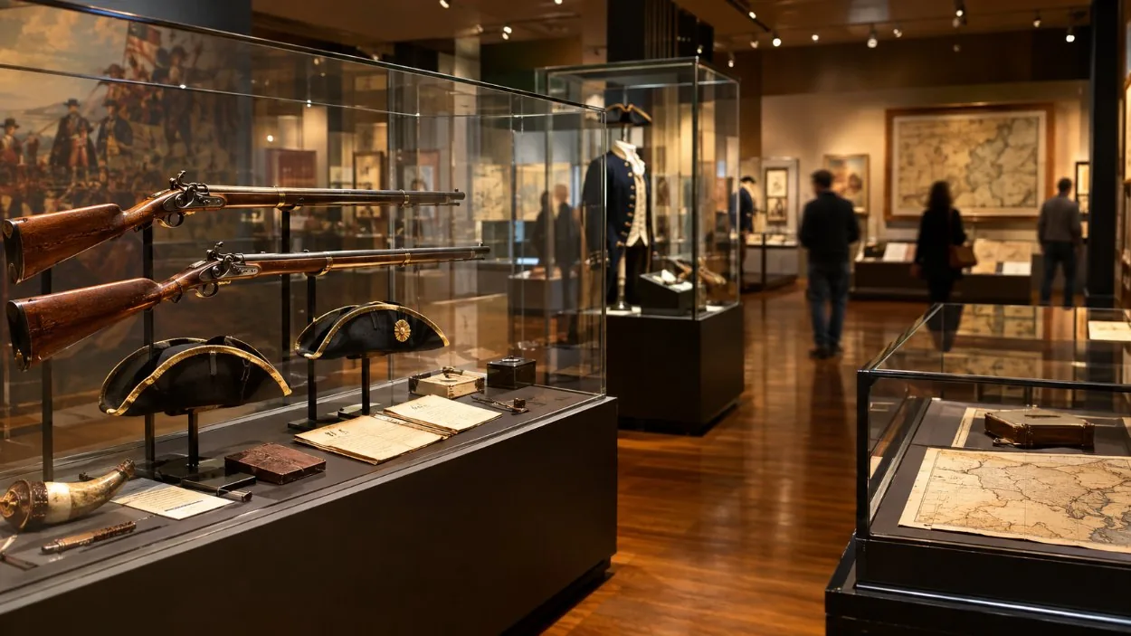 A museum gallery of Revolutionary-era objects under warm light