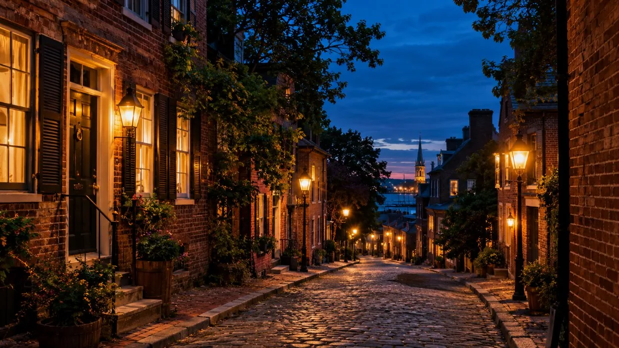 A lantern-lit colonial street in Old City at dusk