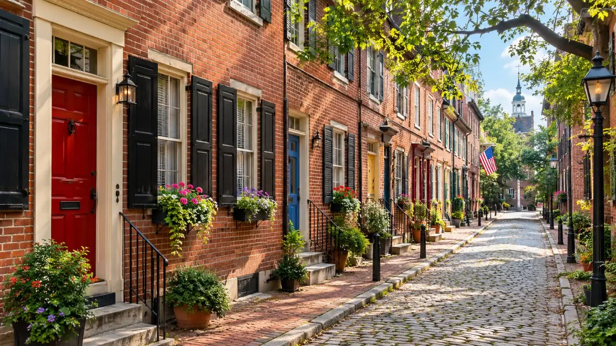 A narrow cobbled lane of 18th-century brick row houses in Old City