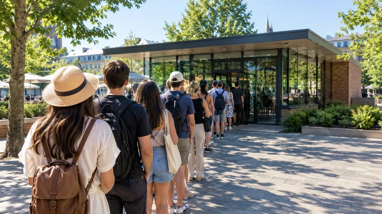 Visitors lined up outside a glass-and-brick pavilion on a sunny morning