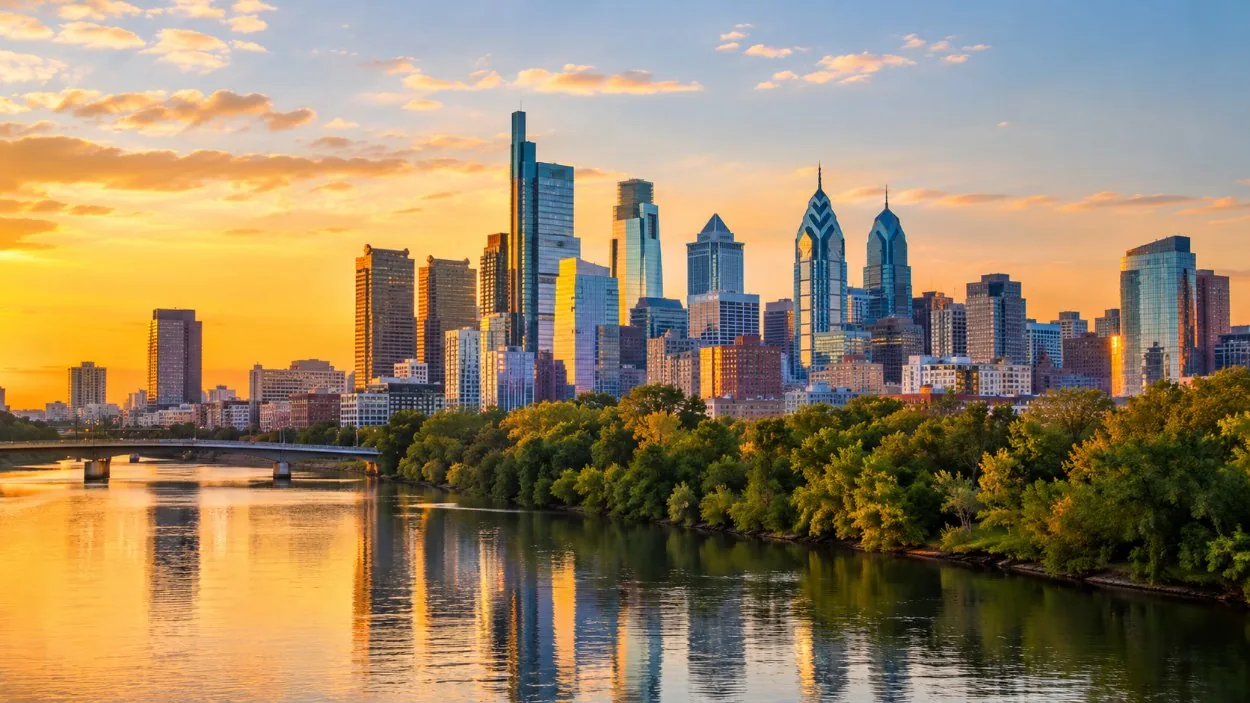 The Philadelphia skyline over the river at golden hour