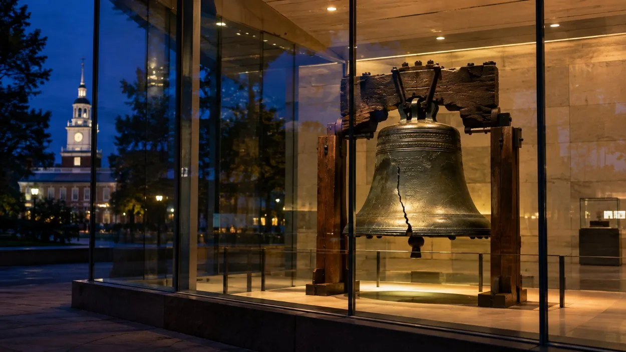 The Liberty Bell seen through a large street-side window after dark