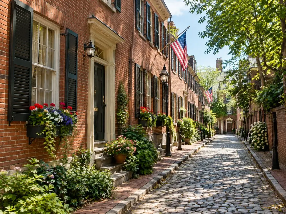 A cobbled lane of brick row houses with shutters and flower boxes