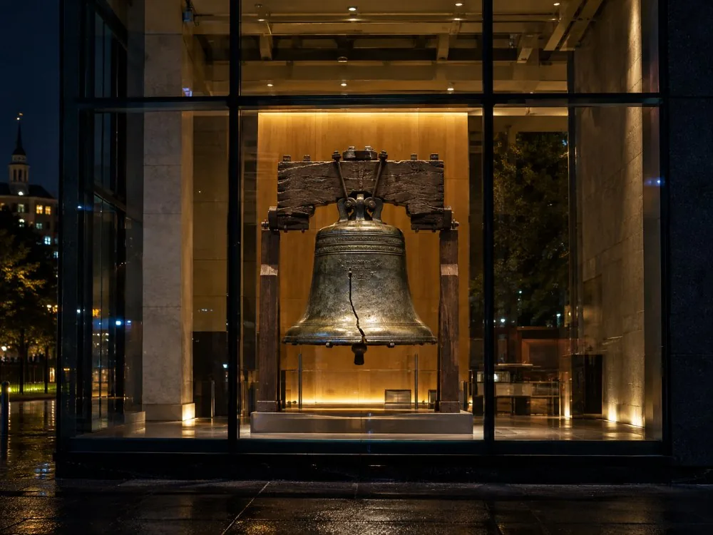 The Liberty Bell glowing behind a glass window after dark